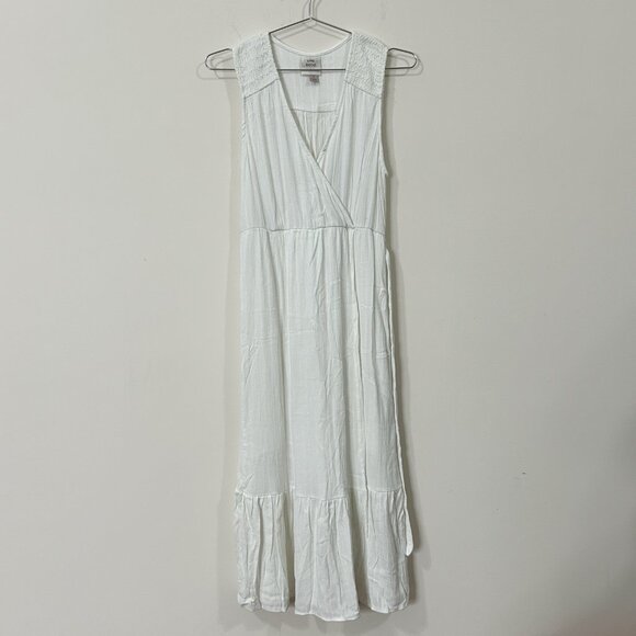 KNOX ROSE Maxi Dress S White Faux Wrap Tiered Seersucker Beachcore Resort - Picture 1 of 13
